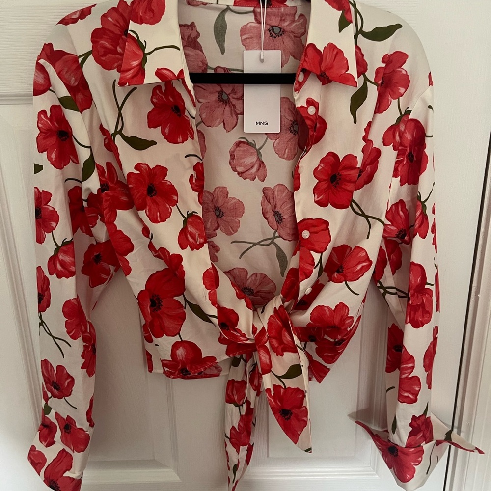 Mango Red Floral Tie-Front Shirt on Cream